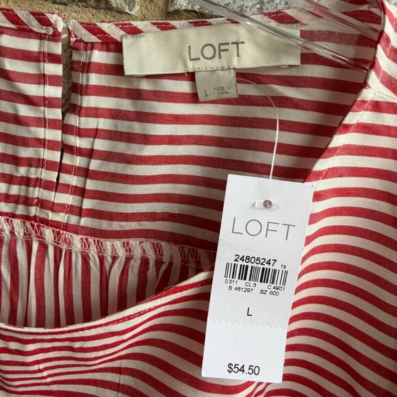 LOFT White/Red Striped Ruffled Short Sleeve Round Neck Blouse Women's Size L. - Picture 3 of 7